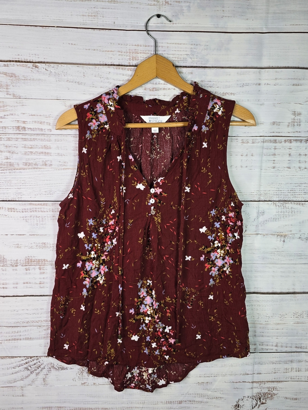 Market & Spruce Burgundy Floral Sleeveless Henley Blouse Top Size Large